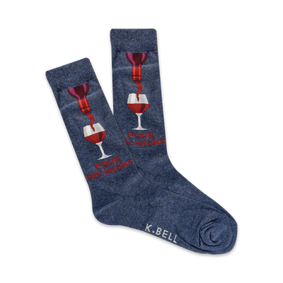 A pair of navy blue crew socks with a red wine bottle pouring into a wine glass graphic and the text 'Pour Decisions'.