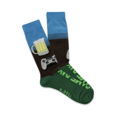 Crew socks in blue, brown, and green. Design includes a beer stein, video game controller, and the words 'Game Day'.