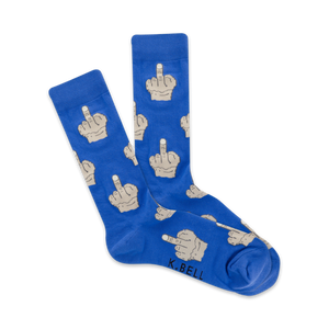 Pair of blue crew socks with a beige middle finger pattern. K.BELL logo visible.