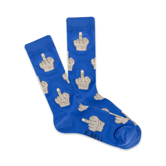 blue crew socks with a pattern of middle fingers. perfect for the rebel in you.  