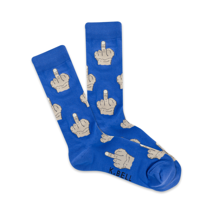 Pair of blue crew socks with a beige middle finger pattern. K.BELL logo visible.