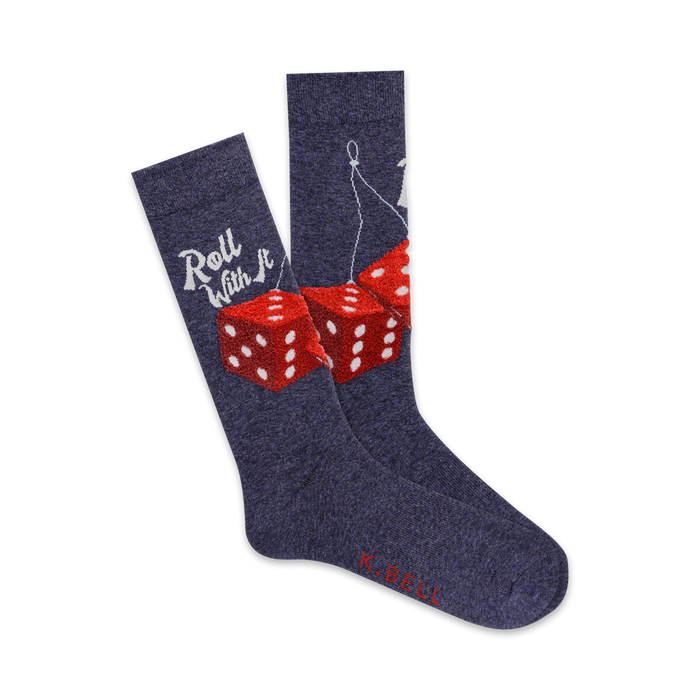 Pair of navy blue crew socks with a red fuzzy dice design and the phrase 'Roll With It'.  }}