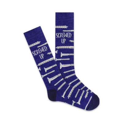 Pair of purple crew socks with a repeated pattern of silver screws and the text 'Screwed Up'.