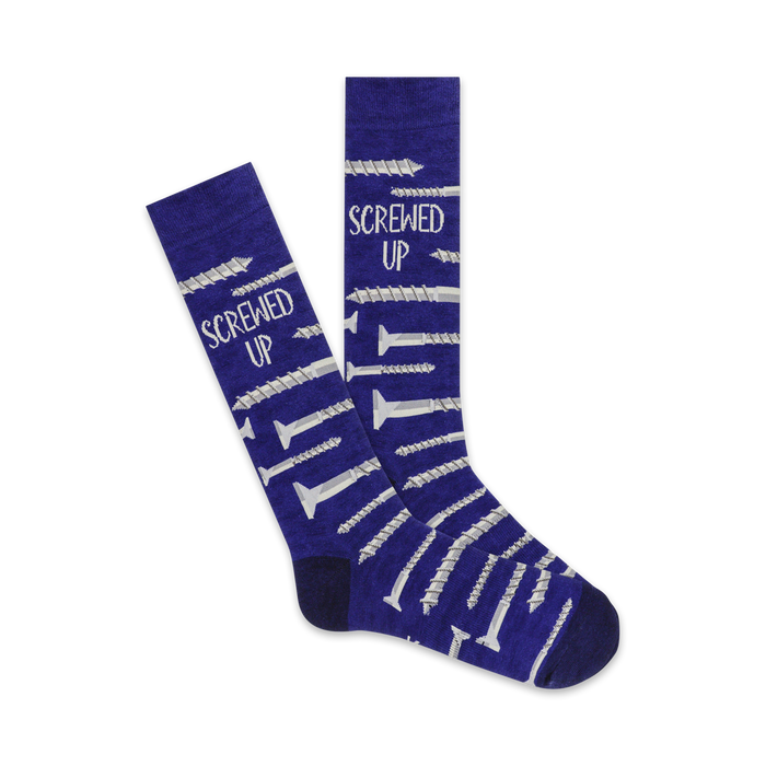 Pair of purple crew socks with a repeated pattern of silver screws and the text 'Screwed Up'. }}