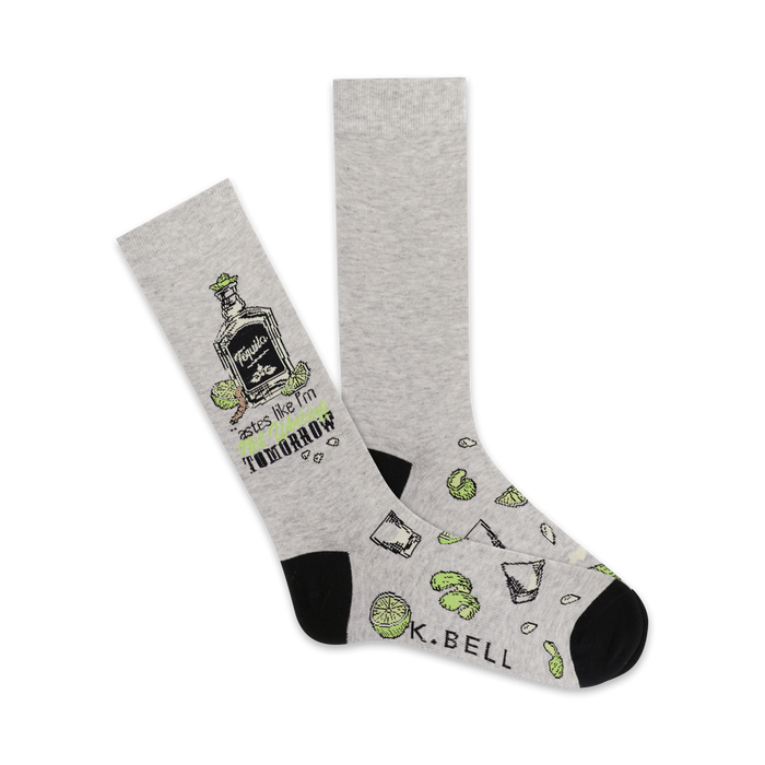men's crew socks in gray with black toe and heel. tequila bottles, limes, and shot glasses pattern. 