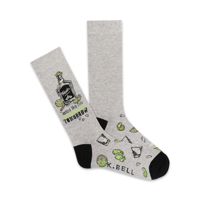 Pair of crew socks in grey with black heel and toe. Design features a tequila bottle, limes, and the text 'Tequila tastes like I'm worried about tomorrow'. }}