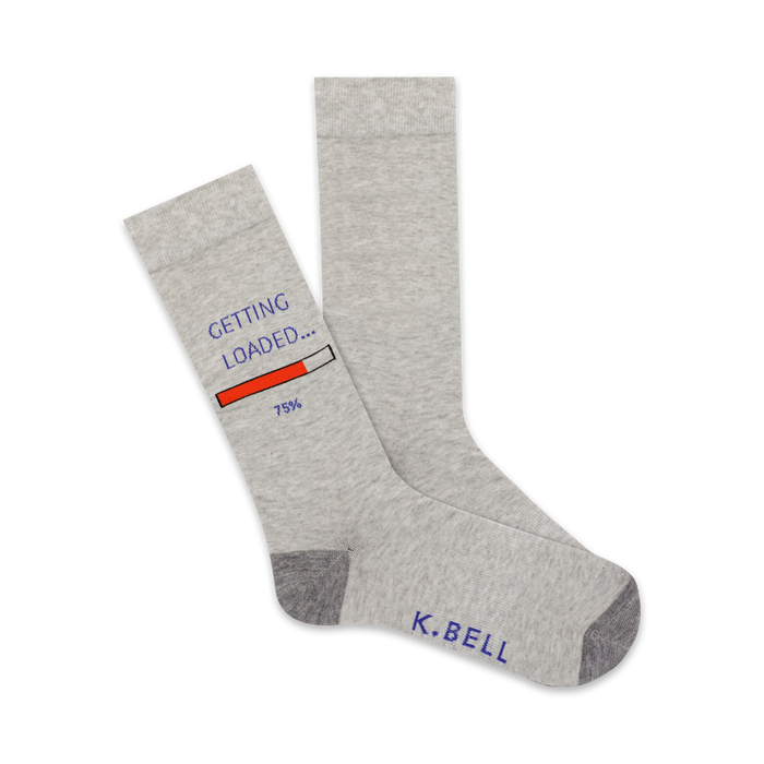 Pair of grey crew socks with a playful 'Getting Loaded...' graphic and a progress bar at 75%. K.Bell logo on the bottom. }}
