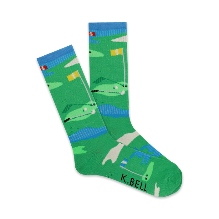 novelty crew socks with golf course pattern for men.     }}