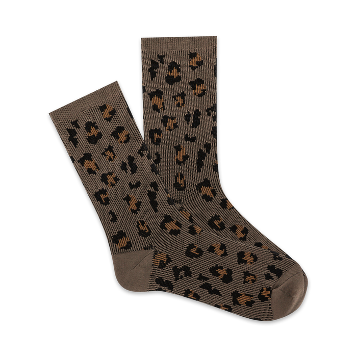 Pair of taupe crew socks with a brown leopard print jacquard pattern. Soft and cozy. }}