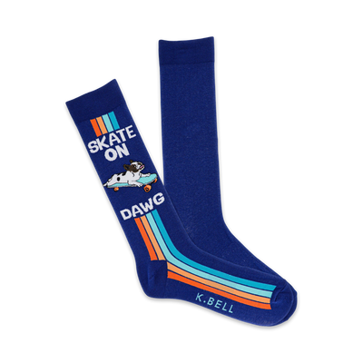 A pair of blue crew socks with orange, teal, and white stripes, and a graphic of a dog skateboarding. Text reads 'Skate On Dawg'.