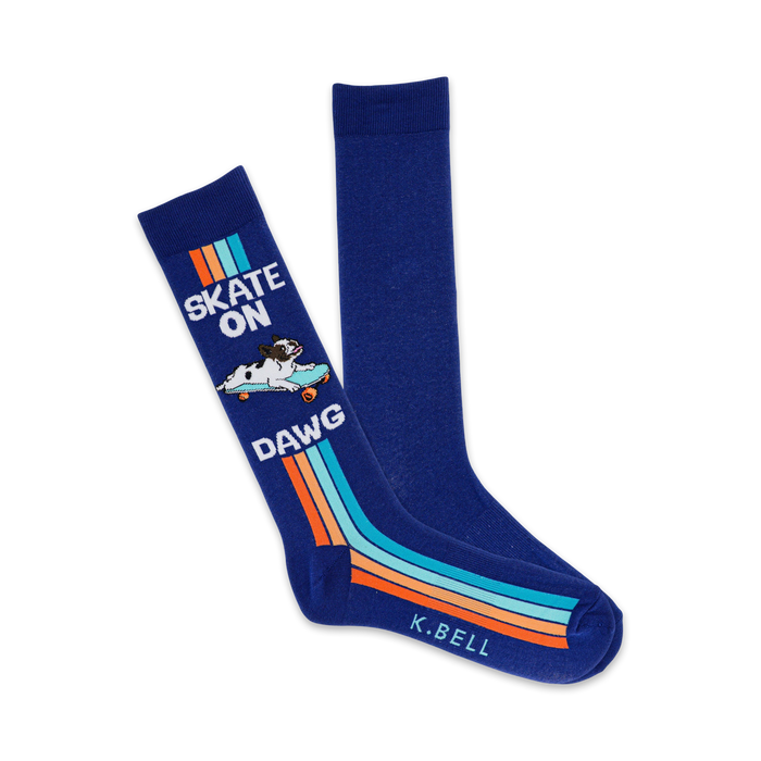 blue crew socks featuring skateboarding dog with 'skate on dawg' text.   }}
