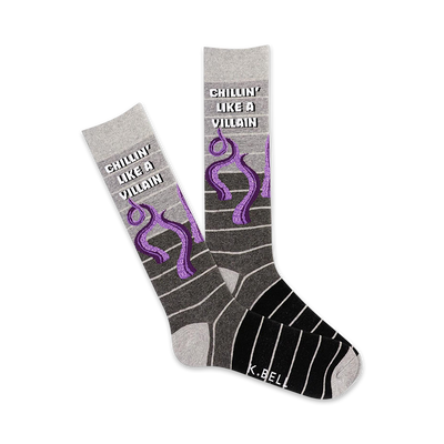 Pair of gray and black crew socks with purple octopus design and 'Chillin' Like a Villain' text.