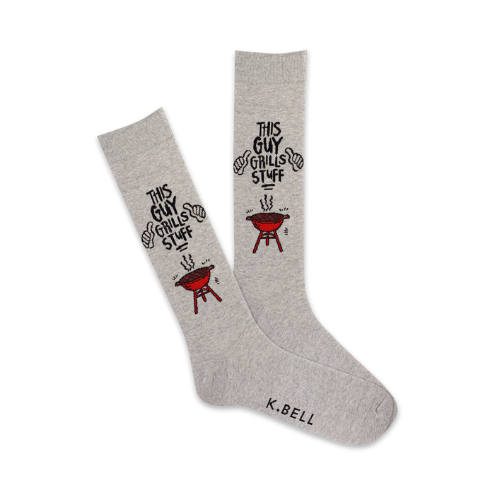 gray crew socks with flaming red grill pattern, 