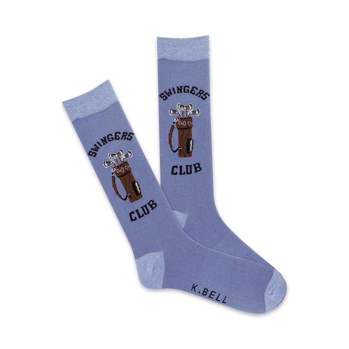 Pair of periwinkle blue crew socks with a brown golf bag and clubs graphic and 'Swingers Club' text. }}