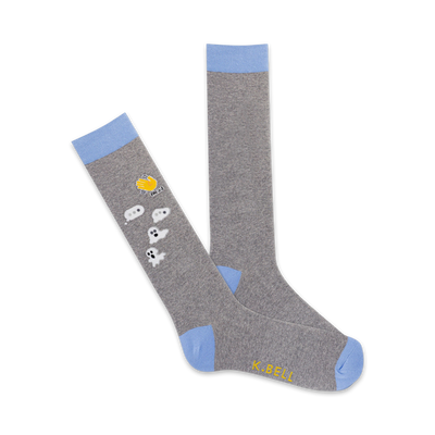 Pair of grey crew socks with light blue cuffs.  Features small ghost illustrations and a yellow 'boo' message on one sock.