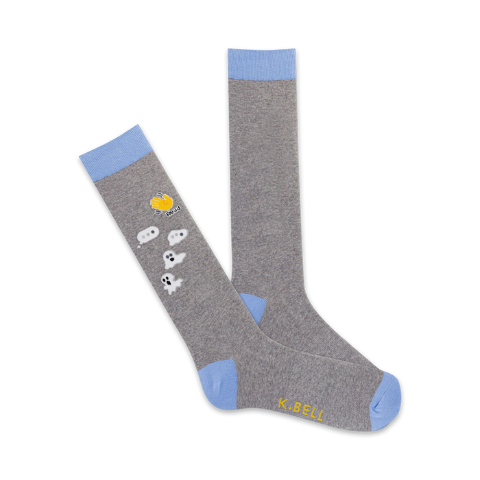 gray crew socks feature a pattern of 4 white ghosts with black eyes and mouths holding cell phones that say 