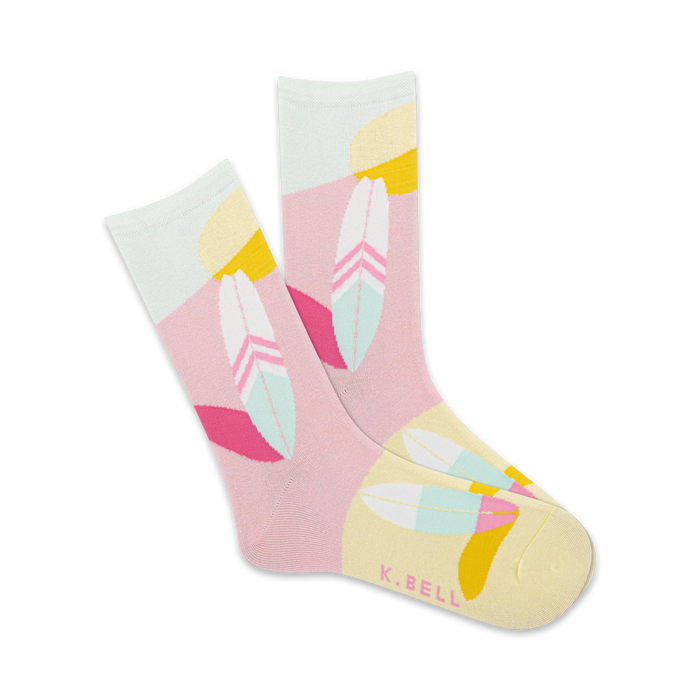 summer vibes ride the wave in these pink and yellow geometric surfboards womens' crew socks with surfboards and feathers.    }}