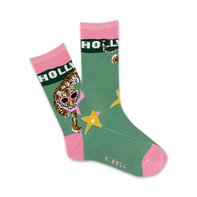 Crew socks in green and pink featuring a tiger wearing sunglasses, the word 'HOLLYWOOD', and a star.