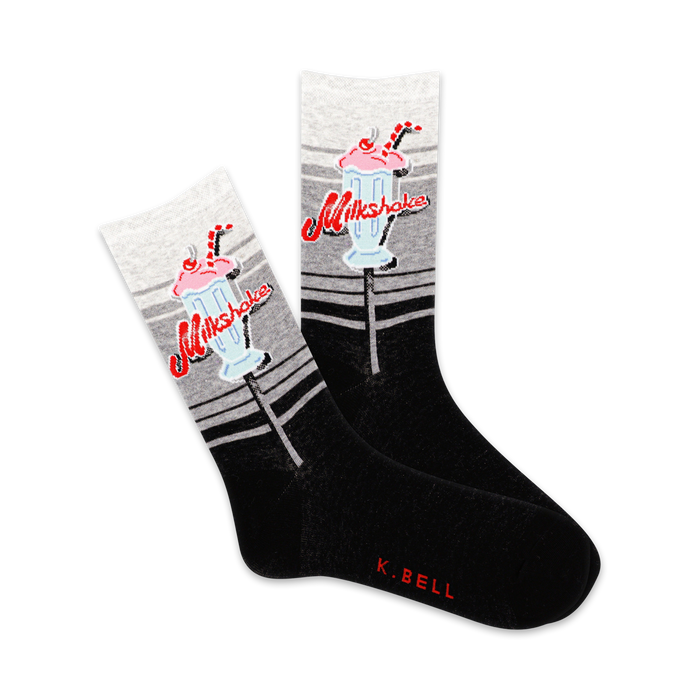 women's black crew socks with a gray band and a pattern of pink and red milkshakes on a white background.   }}