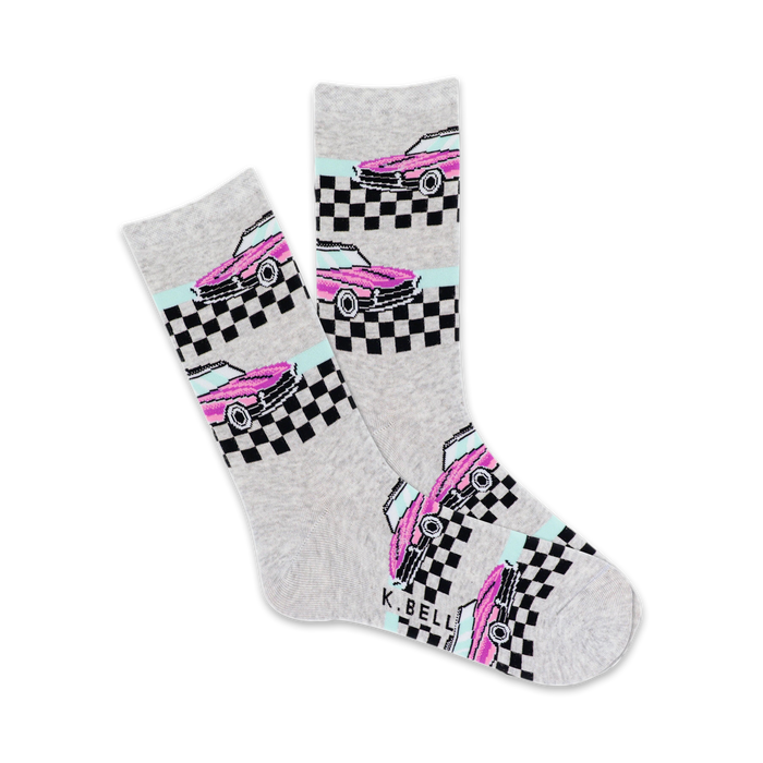 gray crew socks with pink convertible car pattern and checkered flag background.   }}
