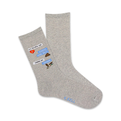 Grey crew socks with a light blue text message design featuring emojis like a broken heart and poop. The text says 'we broke up!' and 'OMG! JK!'