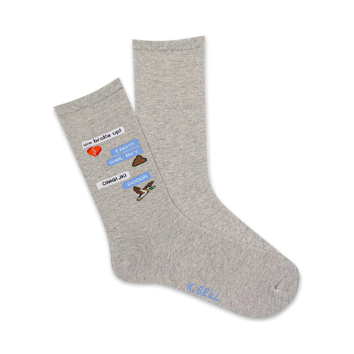 gray crew socks with breakup text message pattern for women. funny socks, emoji socks    }}