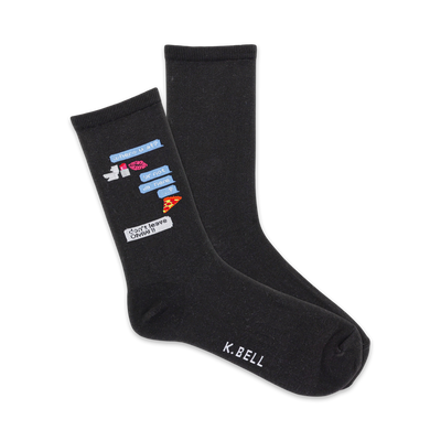 Pair of black crew socks featuring a playful text message design with emojis of a kiss, lipstick, pizza, and a speech bubble saying 'Don't leave me!'