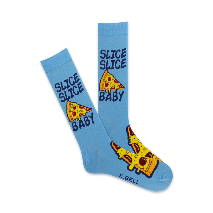slice slice baby! blue pizza-themed men's crew socks with cartoon pizza slices and the text 'slice slice baby'.     }}