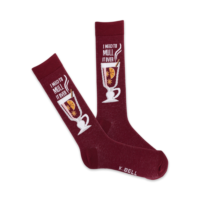 maroon crew socks with white pattern of mulled wine, featuring orange slice and star anise; 