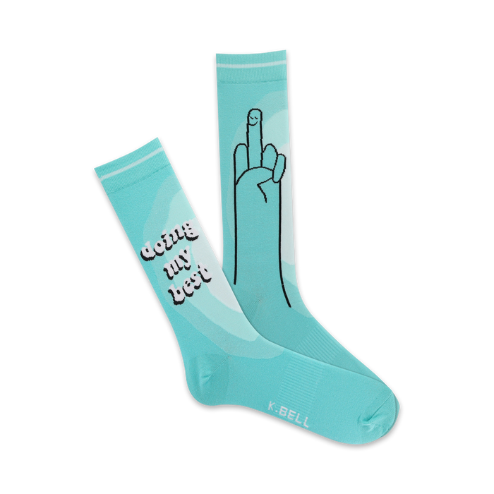 Pair of light blue crew socks. One sock features the text