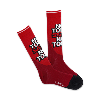 Pair of red crew socks with a white and red 'Not Today Satan' graphic. The socks feature a gradient effect and a black heel.