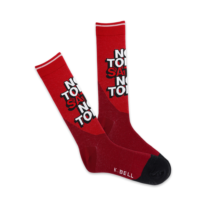 Pair of red crew socks with a white and red 'Not Today Satan' graphic. The socks feature a gradient effect and a black heel. }}