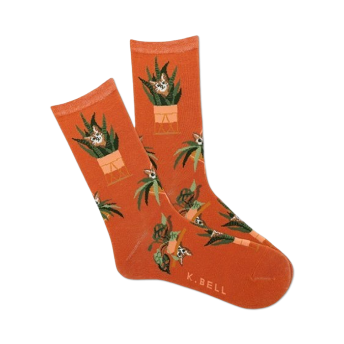 crew-length orange socks for women with a fun pattern of potted plants and gray and white cats peeking out.;   }}