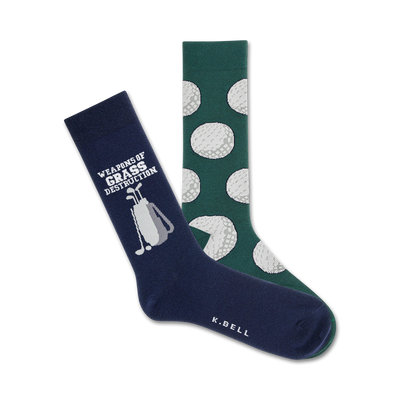 Two crew socks; one navy blue with golf clubs and text, one green with a repeating golf ball pattern.