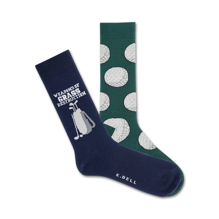 Two crew socks; one navy blue with golf clubs and text, one green with a repeating golf ball pattern. }}