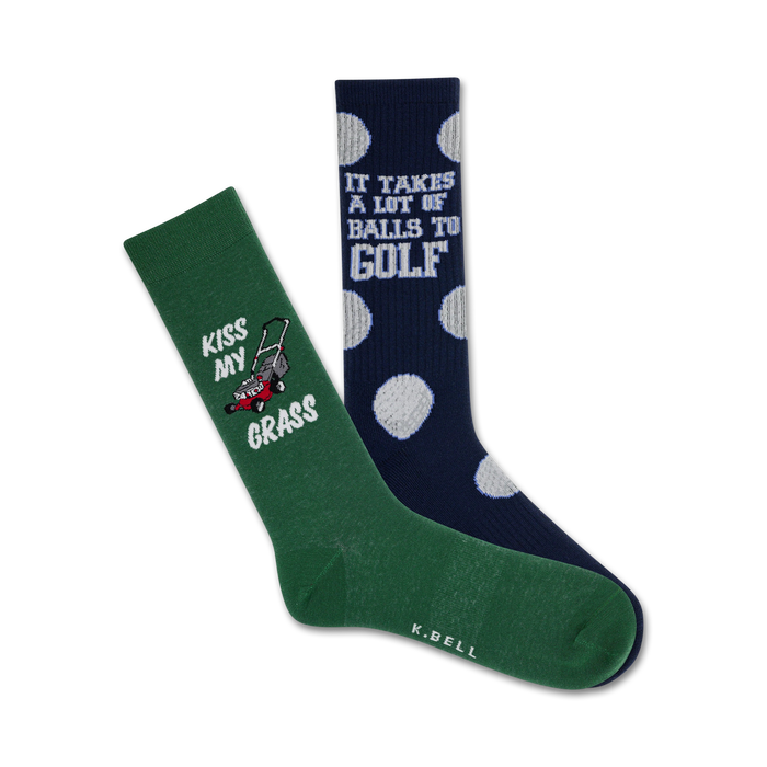 Two crew socks; one dark green with a lawnmower graphic and 'Kiss My Grass', the other navy blue with white golf ball polka dots and the text 'It Takes A Lot Of Balls To Golf'. }}