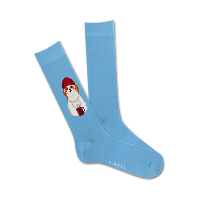 A pair of light blue crew socks with an embroidered image of a Shih Tzu dog wearing a red beanie and holding a red mug.