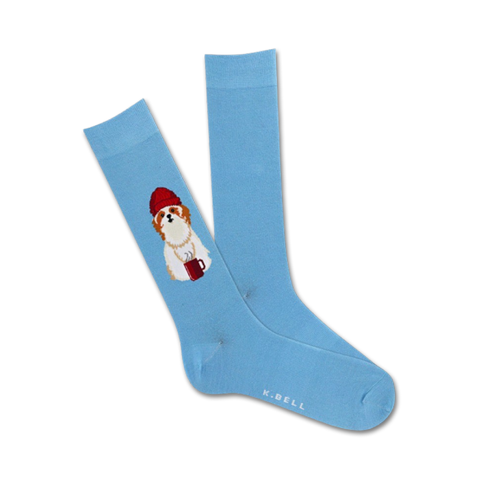 crew-length blue socks featuring a pattern of cartoon shih tzus wearing red hats, white trim, and holding white coffee mugs.   }}