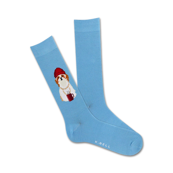 A pair of light blue crew socks with an embroidered image of a Shih Tzu dog wearing a red beanie and holding a red mug. }}