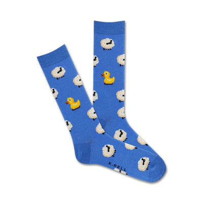 A pair of blue crew socks with a pattern of white sheep and yellow rubber ducks. Fun and quirky!