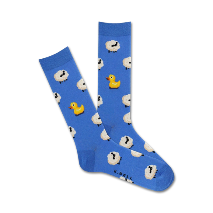 blue crew socks with white sheep and yellow rubber duck pattern for men    }}