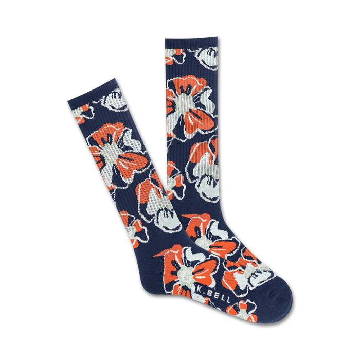 mens dark blue crew socks with orange hibiscus flower pattern.   