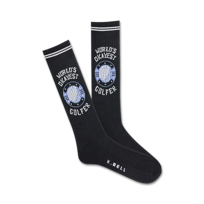 Pair of black crew socks with white and light blue detailing. The design features the text 'World's Okayest Golfer' and a golf ball graphic.