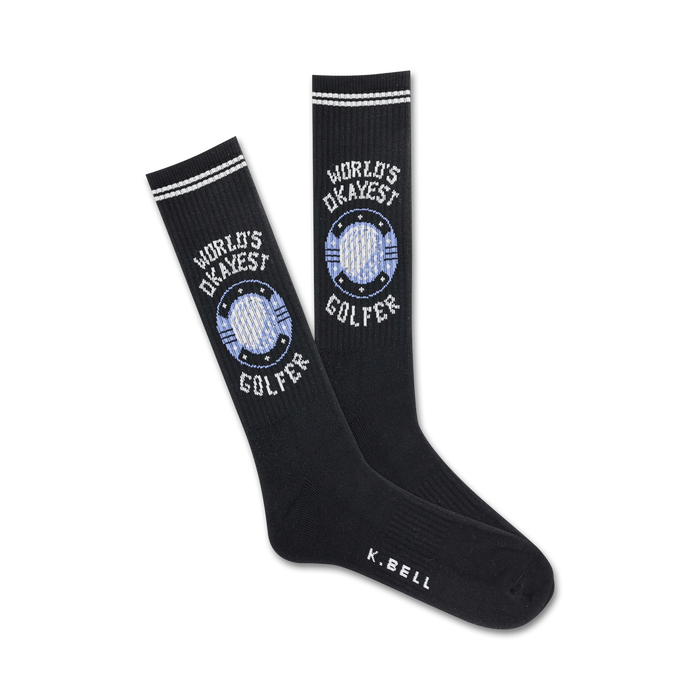 world's okayest golfer crew socks in black with tongue-in-cheek text for the golf enthusiast with a sense of humor.    }}
