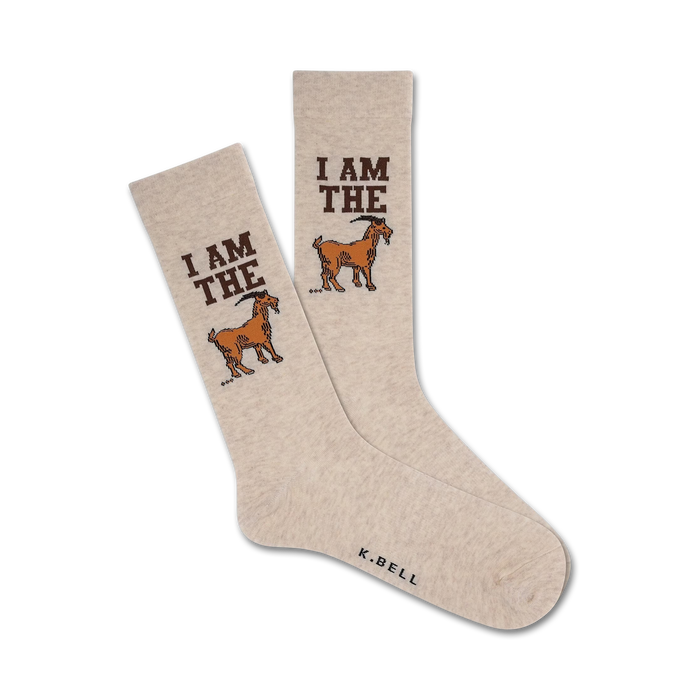 light tan crew socks with brown text i am the goat & cartoon goat graphic.   }}