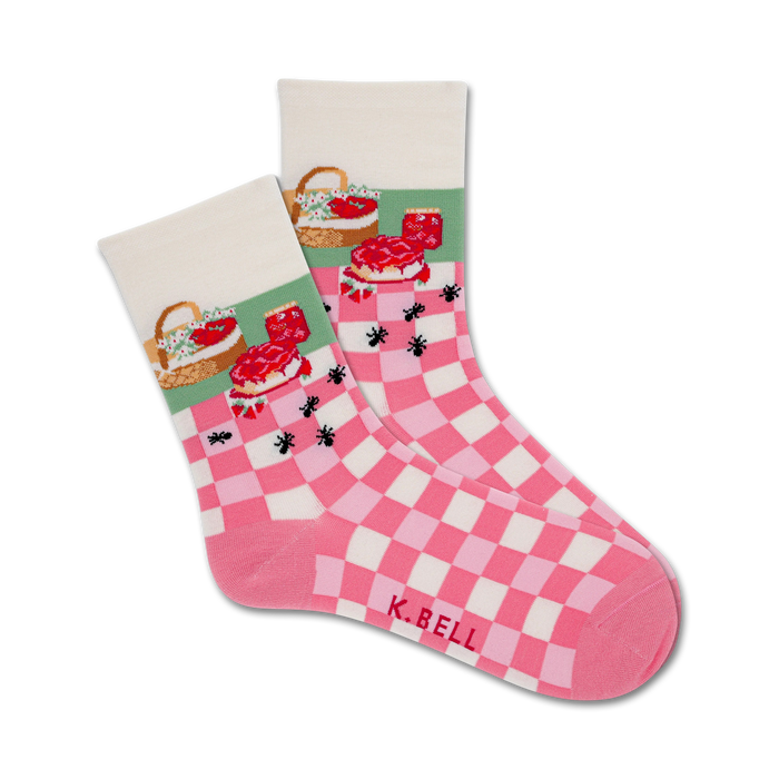 white strawberry picnic socks, ants, jam and pie. crew length and designed for women.   }}