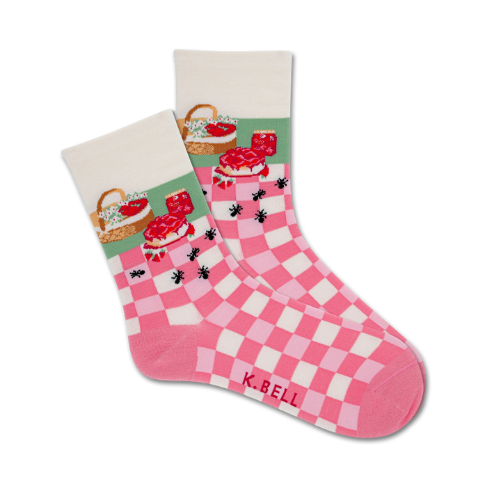 Pair of pink and white gingham crew socks. Feature a charming strawberry shortcake picnic scene with ants. }}