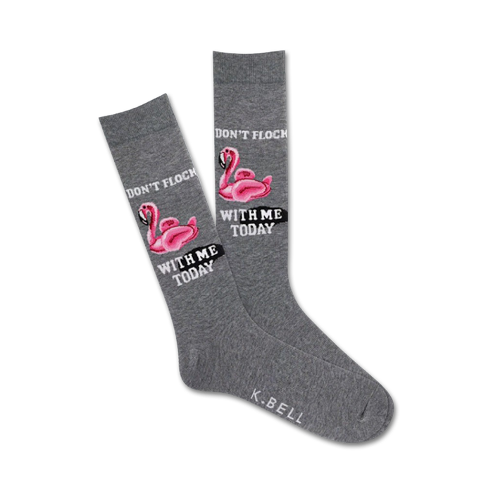 gray crew socks with a pattern of pink flamingos wearing sunglasses and 