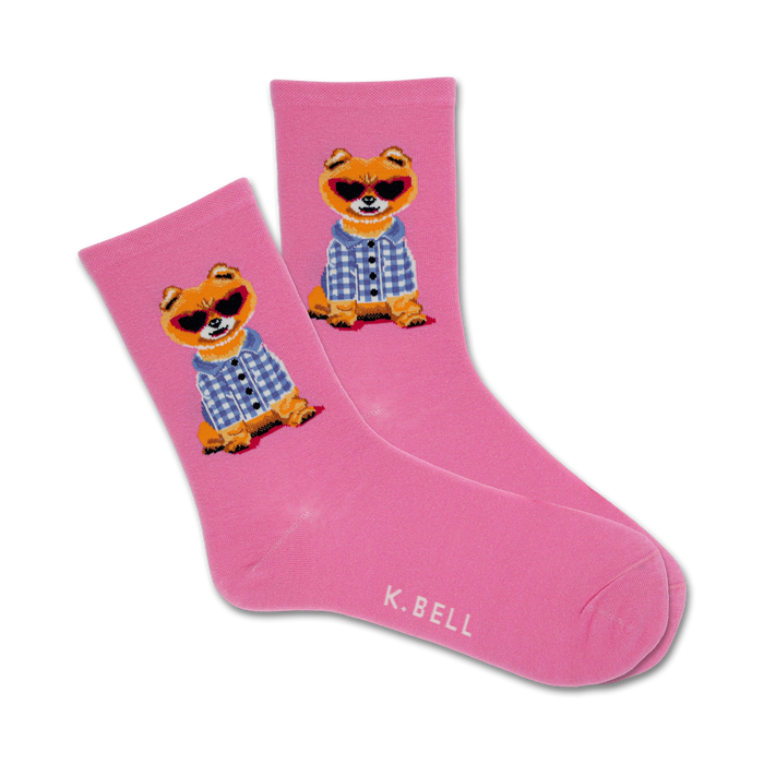 Pair of pink crew socks with an image of a dog wearing sunglasses and a blue plaid shirt. }}