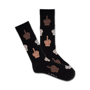 Pair of black crew socks with a pattern of multi-skin tone middle fingers. A subtle 'K.BELL' logo is on the bottom.